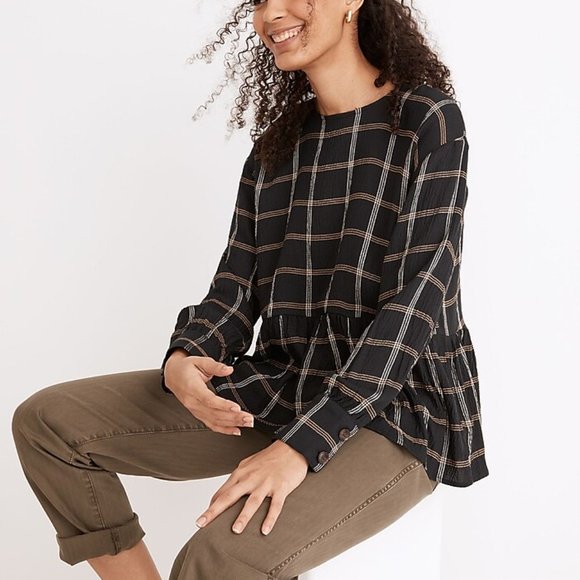 Madewell Button-Back Peplum Top in Plaid black size Small LK NW - Picture 2 of 3